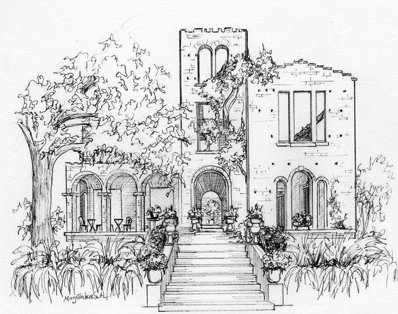 Wedding venue drawing, original hand drawn portrait in ink of church, hotel, restaurant, unique anniversary, wedding gift image 6