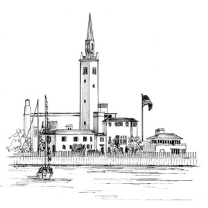 May include: Black and white line drawing of a building with a tall tower and a flagpole with an American flag. The building is surrounded by a fence and there is a small boat in the water in front of it.