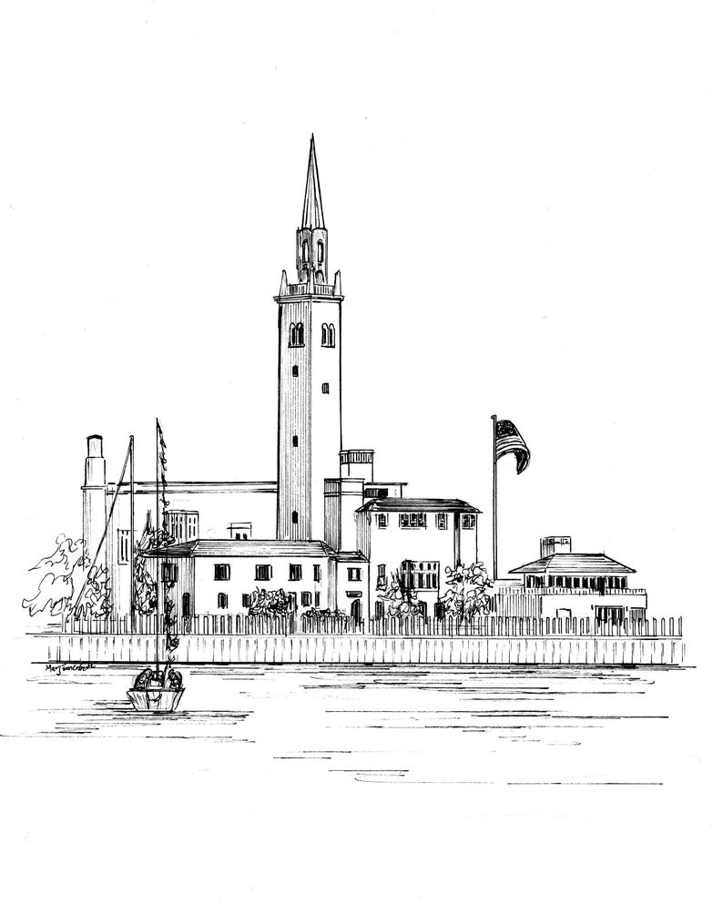 May include: Black and white line drawing of a building with a tall tower and a flagpole with an American flag. The building is surrounded by a fence and there is a small boat in the water in front of it.