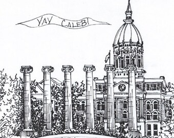 Custom College Art, Whimsical Ink Landscape of university