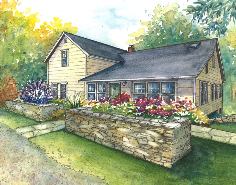 Artist rendering of your home painted in watercolor with ink detailing, Custom house portrait, Commissioned architectural home portrait bild 3