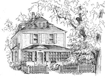 House drawing in pen and ink, Your home hand drawn by artist