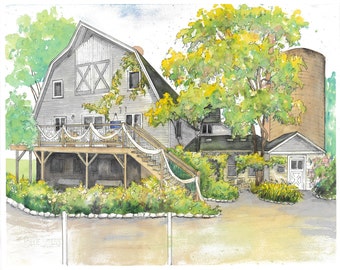 Painting of Wedding Venue. Custom watercolor portrait of wedding location, Paper Anniversary gift, Custom stationery illustration