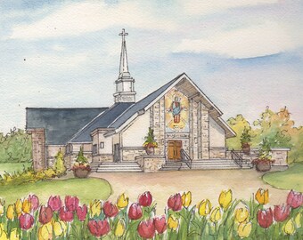 Watercolor painting of your wedding venue, commissioned watercolor and ink sketch of church, hotel or wedding location, church drawing