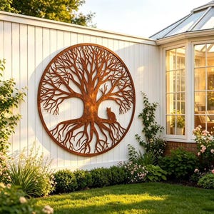 Op de afbeelding: Een cirkelvormig metalen wandkunstwerk met een gedetailleerd levensboomontwerp met ingewikkelde takken en wortels. Een klein silhouet van een kat is op de stam van de boom geplaatst. Het metaal heeft een verweerde, roestbruine afwerking.