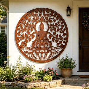 Könnte beinhalten: Ein großes, kreisförmiges Wandkunstobjekt aus rostigem Metall mit der Silhouette einer sitzenden Figur in meditativer Haltung. Das Design zeigt einen komplexen Baum mit ausladenden Ästen und Blättern sowie eine große Lotusblüte an der Basis.
