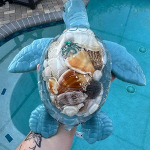 May include: A light blue sea turtle figurine with a clear, hollow shell filled with various natural seashells in shades of white, tan, and brown. A small, green, jeweled octopus ornament is placed on top of the collection of shells.