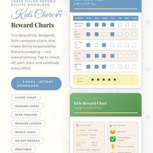 May include: A digital download set featuring two printable kids' chore and reward charts. The blue chart tracks daily tasks like making beds and brushing teeth with checkboxes. The green chart includes a reward ladder and weekly goals list.