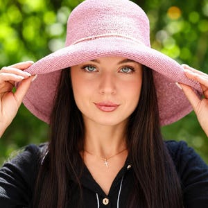 Japanischer Bast-Sonnenhut für Damen | Handgefertigter Öko-Sonnenhut aus Andaria | Flexibler, faltbarer Häkelhut | Eleganter Sommerhut
