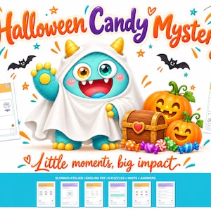 Könnte beinhalten: Ein Halloween Candy Mystery Aktivitätsset mit einem blauen Monster im Geisterkostüm, zwei Kürbissen, einer Schatztruhe und bunten Bonbons. Der Text lautet Halloween Candy Mystery und Little moments, big impact.
