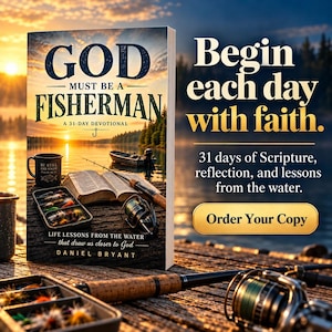 May include: A book titled God Must Be A Fisherman by Daniel Bryant, featuring a sunset lake scene with a fishing rod, tackle box, and open book. Text on the cover includes A 31-Day Devotional and Life Lessons From The Water. The image also displays the text Begin each day with faith, 31 days of Scripture, reflection, and lessons from the water, and Order Your Copy.