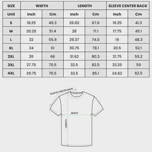 May include: A size chart for the Classic Unisex T-Shirt Comfort Colors 1717. The table lists width, length, and sleeve center back measurements in inches and centimeters for sizes S through 4XL, accompanied by a line drawing of a t-shirt.