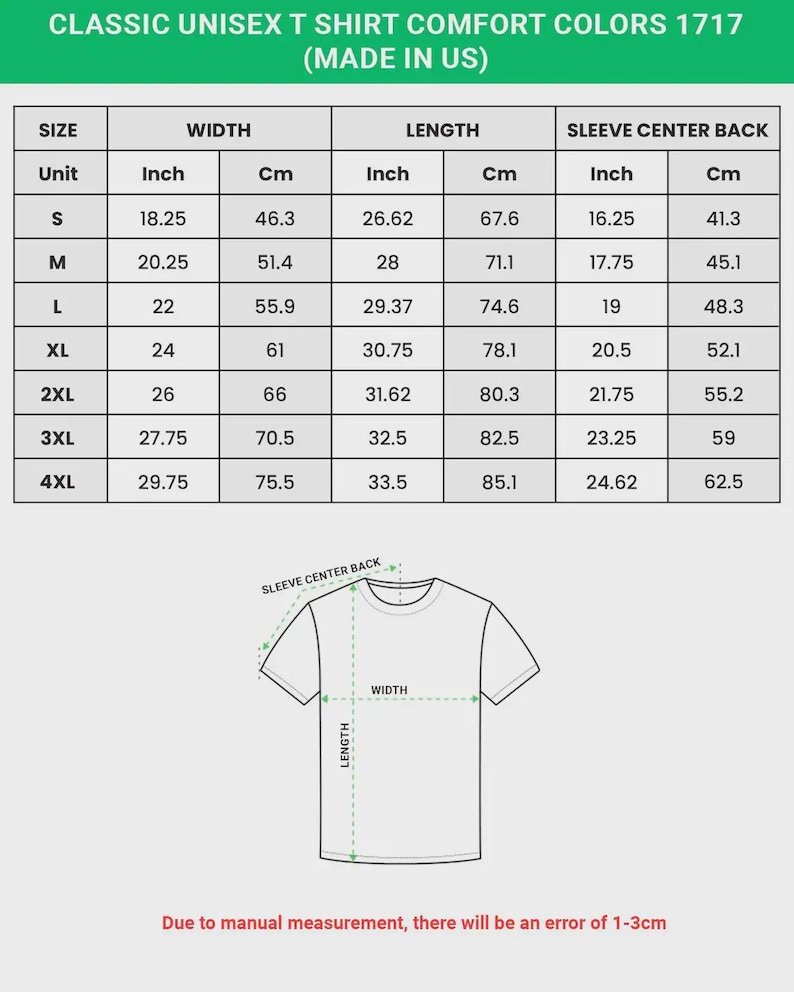 May include: A size chart for the Classic Unisex T-Shirt Comfort Colors 1717. The table lists width, length, and sleeve center back measurements in inches and centimeters for sizes S through 4XL, accompanied by a line drawing of a t-shirt.