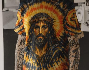 Camisa para hombre con estampado integral en espiral negro y amarillo "Jesus Halo Of Faith"