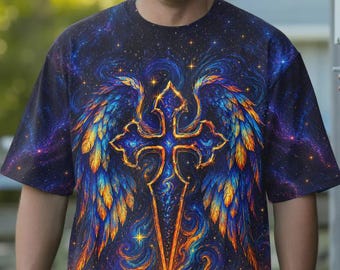 Todo lo puedo en Cristo que me fortalece. Camiseta para hombre con alas y cruz. Estampado integral.