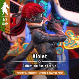 May include: A 1/7 scale collectible resin statue of a character named Violet, featuring red hair, a black mask, and a black coat. The statue includes text reading Violet, Collectible Resin Statue, and Print By XX industrie - Cleaned & Ready to Paint.