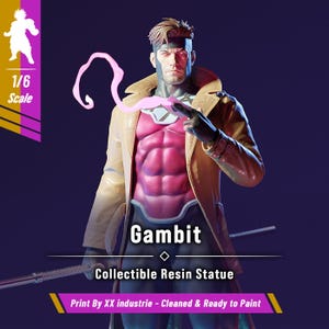May include: A 1/6 scale Gambit collectible resin statue featuring a character in a tan trench coat, magenta chest armor, and black pants. The figure holds a playing card with a pink energy effect. Text reads: Gambit, Collectible Resin Statue, Print By XX industrie - Cleaned & Ready to Paint.