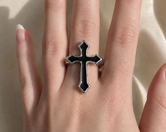 Y2K Black Cross Ring Silver Gothic Adjustable Ring Gift For Her