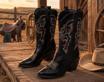 Black Embroidered Cowboy Boots | Women’s Western Boots | Festival Cowgirl Boots | Country Concert Boots | Rodeo Footwear | Western Fashion