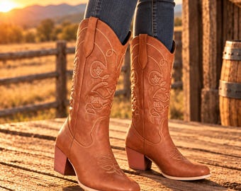 Willow Creek Western Cowboy Boots | Brown Cowgirl Boots for Women | Embroidered Tan Country Boots | Rodeo & Country Concert Boots
