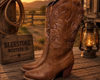 Willow Creek Western Cowboy Boots | Brown Cowgirl Boots for Women | Embroidered Tan Country Boots | Rodeo & Country Concert Boots