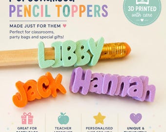 Colourful 3D printed personalised pencil toppers