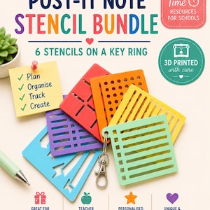 Post-it Note Stencil Bundle | 6 Planner & Journal Stencils on Keyring | Sticky Note Templates | Teacher Planner | Bullet Journal Accessories