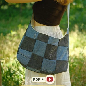Upcycled Sewing Pattern Patchwork Crossbody Tote Bag, Beginner Friendly DIY Lined Hobo Bag Instruction, PDF + Video Tutorial