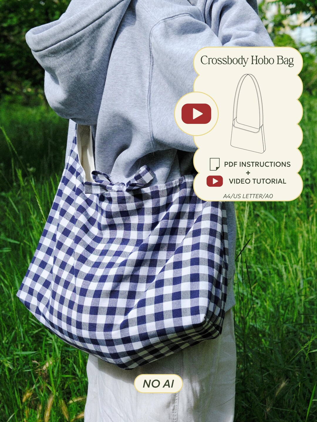 Crossbody Sling Hobo Bag Sewing Pattern PDF + Video Tutorial, Beginner ...