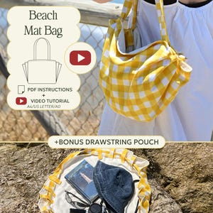 Naaipatroon voor een strandmat-tas, alledaagse hobo-tas, zomerse draagtas met trekkoord en voering, PDF-handleiding voor beginners + videotutorial