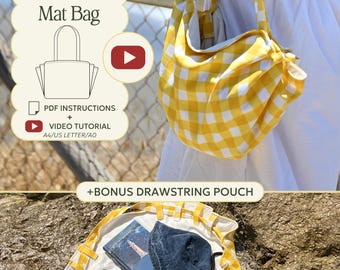 Nähanleitung für eine Strandmattentasche, eine praktische Hobo-Tasche mit Kordelzug und Futter für den Sommer, inklusive anfängerfreundlicher PDF-Anleitung und Video-Tutorial.