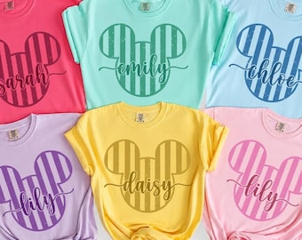 Custom Disney Name Shirts, Mickey Head Striped Matching Tee, Personalized Disney Vacation Family Shirt, Disneyland Girls Trip Group Shirts