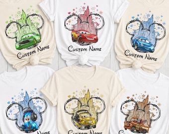 Maglietta personalizzata Disney Cars, maglietta per la famiglia di Saetta McQueen, maglietta coordinata per le vacanze Disney, castello di Topolino, compleanno personalizzato con Cars, magliette per viaggi