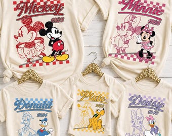 Magliette vintage Disney per famiglie, maglietta retrò con Topolino, Minnie e i suoi amici, maglietta per le vacanze Disney, Paperino, Paperina, Pippo e Pluto, viaggio al Magic Kingdom
