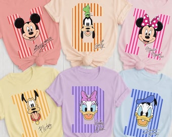 Maglietta a righe con Topolino e i suoi amici, magliette Disney coordinate per la famiglia, magliette personalizzate con iniziali per le vacanze a Disneyland, magliette Disney per gruppi