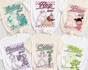 Maglietta retrò di Monsters & Co., maglietta vintage dei mostri, viaggio in famiglia a Disneyland, regalo a tema mostri, maglietta personalizzata di Mike Sulley, magliette di Disney World