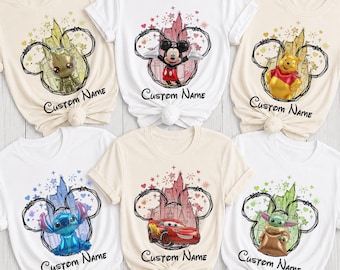 Maglietta personalizzata per le vacanze Disney, maglietta per viaggi in famiglia Disney, maglietta con castello di Topolino, maglietta Stitch personalizzata, maglietta Baby Yoda, abbigliamento coordinato per la famiglia Disney