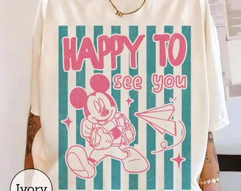 Maglietta retrò di Topolino felice di vederti, maglietta a righe per vacanze in famiglia a Disneyland, abbigliamento coordinato vintage per il viaggio a Disneyland, graziosa maglietta di Minnie e Daisy