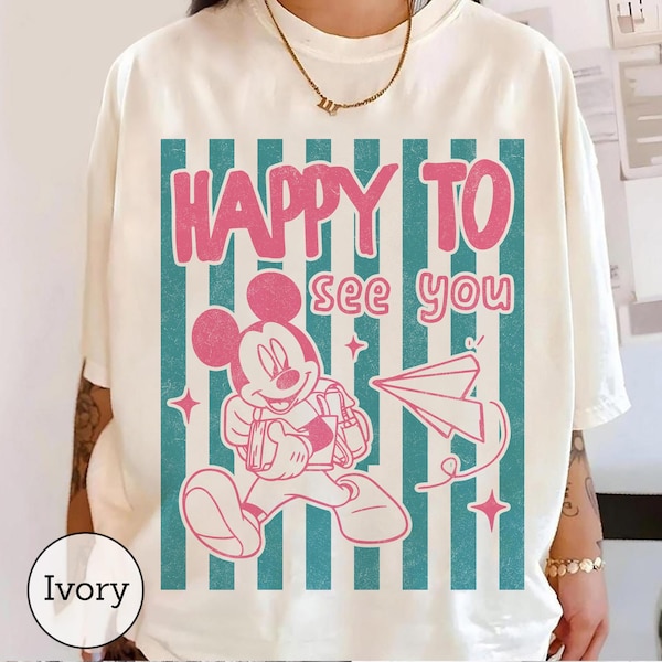 Retro Mickey Happy To See You Shirt, Striped Disney Family Vacation Tee, Vintage Disneyland Trip Matching Clothes, Cute Minnie Daisy Top
