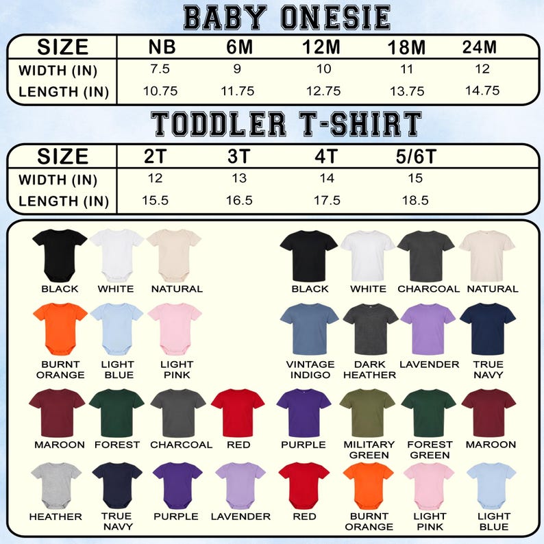 Pu&ograve; includere: Una tabella di taglie e colori per body da neonato e t-shirt per bambini piccoli. La tabella mostra le misure di larghezza e lunghezza in pollici per le taglie da NB a 24M e da 2T a 5/6T, con una griglia di icone di capi colorati e etichette.