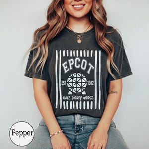 Pu&ograve; includere: Una t-shirt a maniche corte grigio antracite con una stampa grafica bianca. Il design include il testo EPCOT, EST 1982 e WALT DISNEY WORLD, centrato attorno a un'icona a sfera geometrica, il tutto incorniciato da linee verticali bianche.