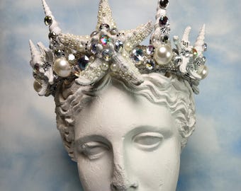 Ivory Gold Crystal Quartz Mermaid Crown Sea Shell Hair Head Alice Band Golden Mermaid Crown Sea Goddess Shell Headpiece Ocean  main image 4