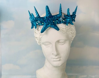 Blue Starfish Crown Headband: Turquoise Seashell Bridal Headpiece