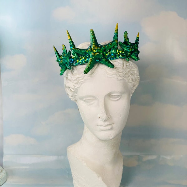 Diadema de corona de estrella de mar verde, corona de estrella de mar Melusine, diadema de sirena adulta mujer diadema de sirena verde, corona nupcial de tocado de sirena