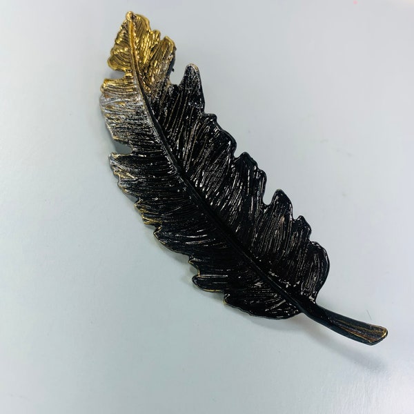 Gold black feather hair clip, gold black boho hair clip, barrette, bridal boho, metal feather hair clip, hair clip, gold black barrette