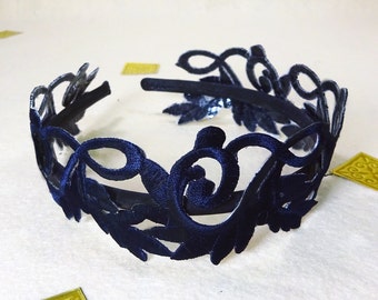 Navy Leaf Crown, navy headband, embroidered navy crown, adult headband woman, leaf embroidered headband, navy baroque headpiece, blue crown