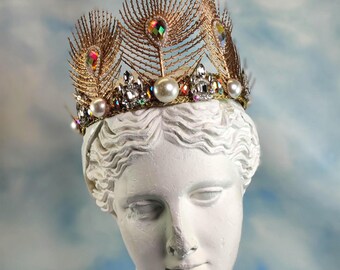 Rhinestone Peacock Crown: Gold Embroidery Baroque Headband