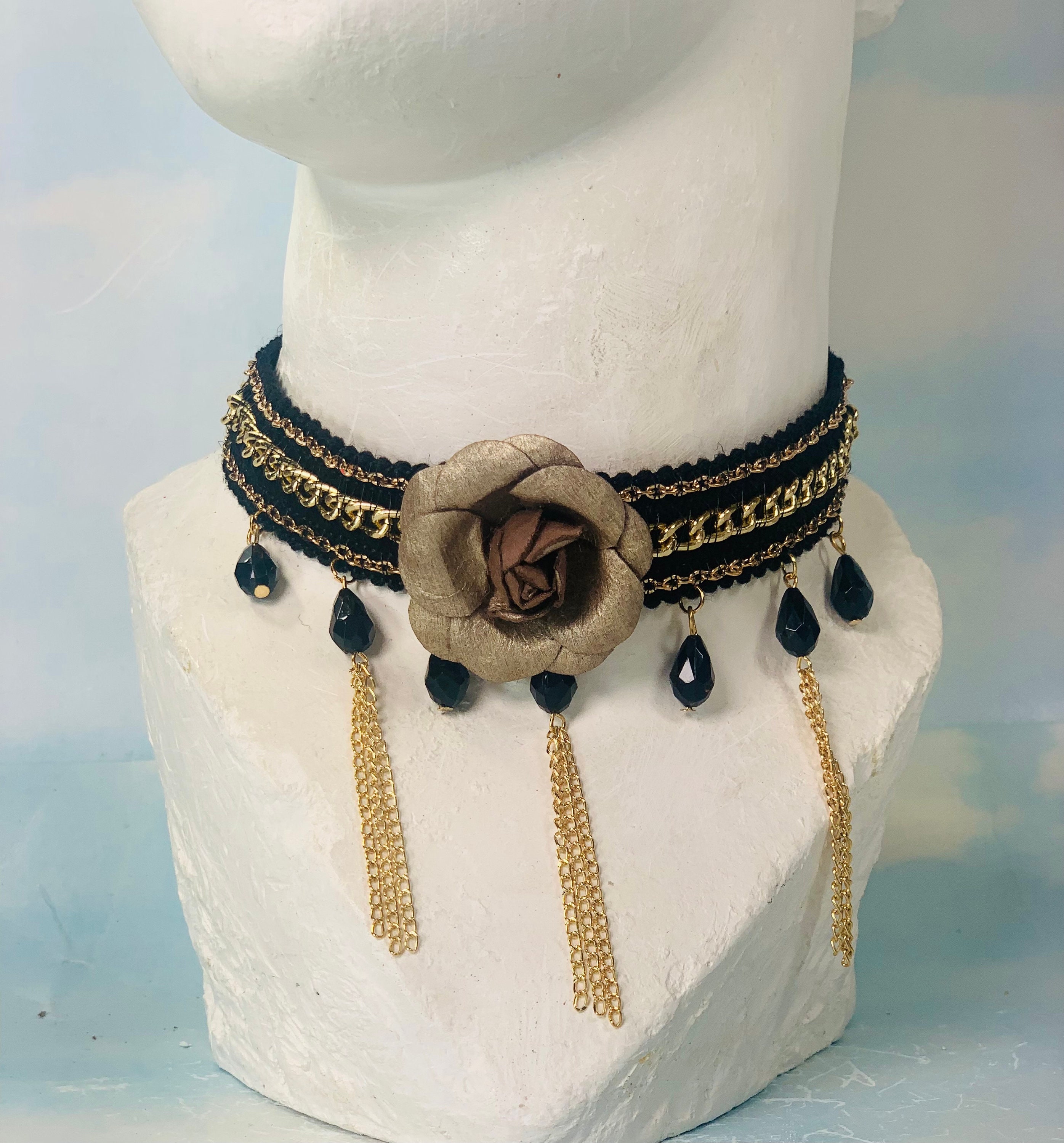 Black Lace Rose Choker: Gold Chain Victorian Necklace - Etsy display picture 1