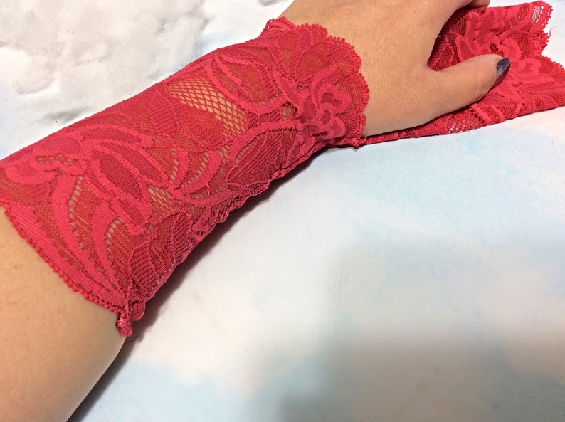 Coral pink lace bracelet, pink tattoo cover, Lace wrist cuff,Lace victorian glove, boho lace bracelet, stretch lace cuff, wrist tattoo cover image 3