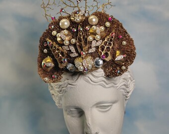 Ivory Gold Crystal Quartz Mermaid Crown Sea Shell Hair Head  display picture 3